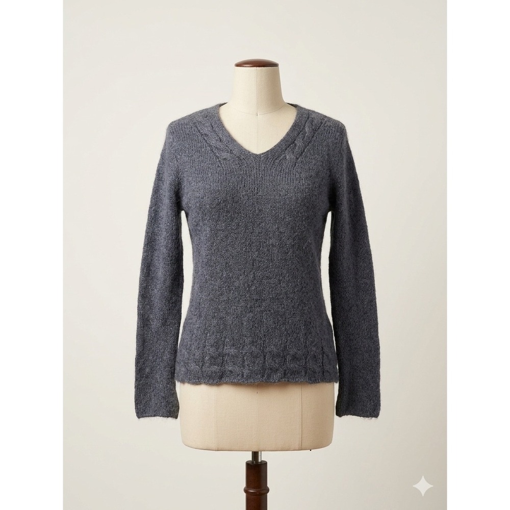 Vintage Kid‎ Mohair Blend V-Neck Cable Knit Sweater Slate Blue Women S